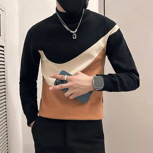 社会小伙毛衣男半高领高级感修身拼色针织衫B323-M49-P78控108