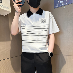 B323-PL23-P55控75社会小伙短袖POLO衫男店主风时尚条纹半袖衣服图片