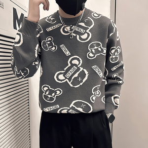 抖音社会小伙毛衣男小熊字母钩花图案加厚针织衫B323-M41-P68控98图片