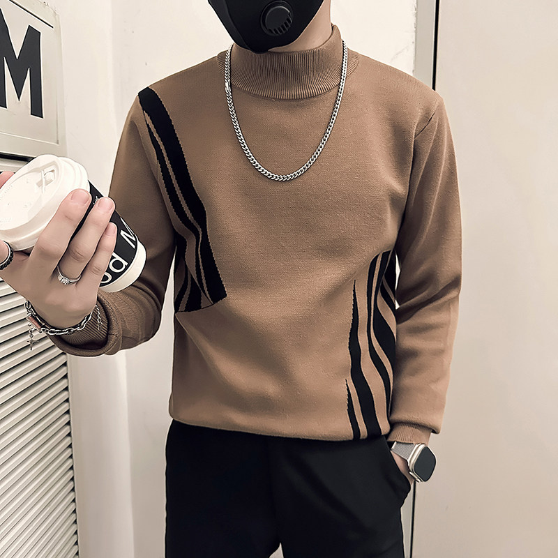抖音社会小伙毛衣男半高领撞色针织打底衫B323-M38-P78控108图片