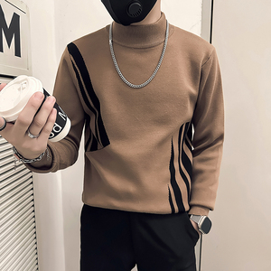 抖音社会小伙毛衣男半高领撞色针织打底衫B323-M38-P78控108图片