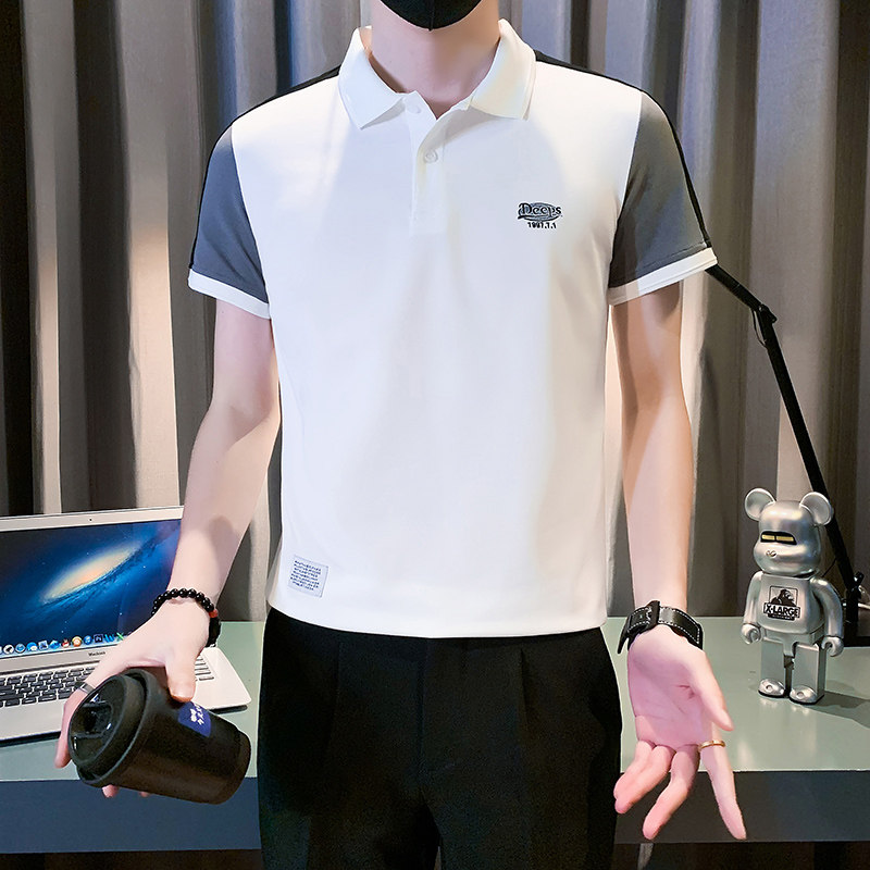 拼接polo衫男短袖潮牌修身社会小伙字母刺绣B323/PL09/P58控78,男装Polo衫,星座301C（原B323）