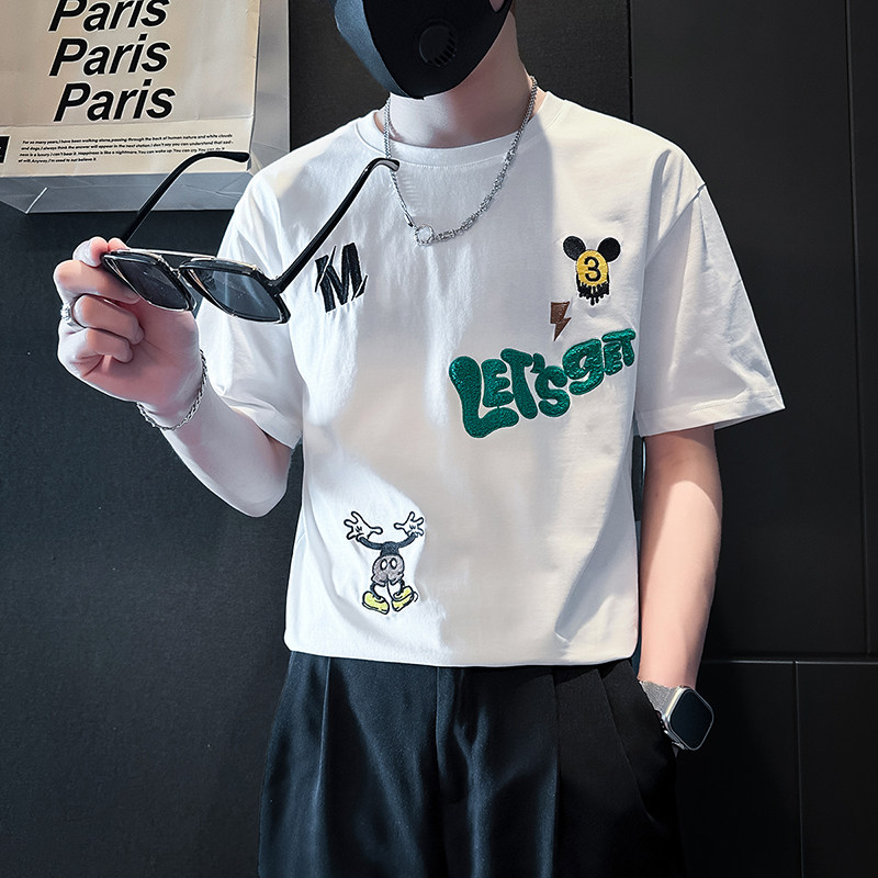 社会小伙店主风短袖t恤男士潮牌痞帅卡通刺绣圆领B323-DT50-P48,男装T恤,星座301C（原B323）