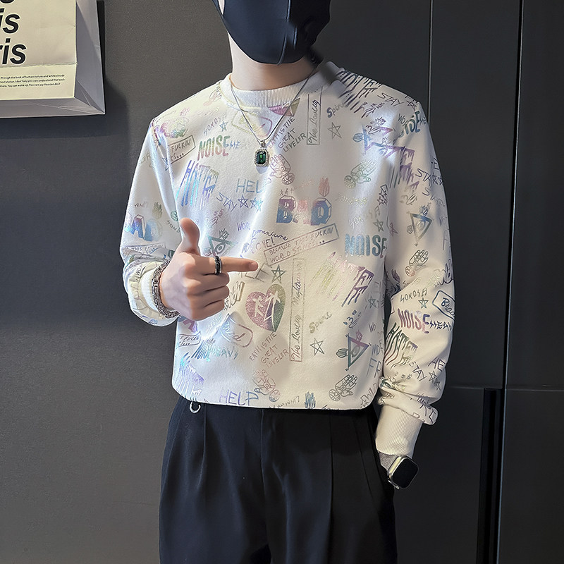 潮牌彩色印花卫衣男圆领长袖社会小伙店主风B323/WY18B/P58控78,男装卫衣,星座301C（原B323）