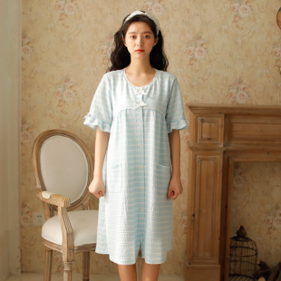 蔓秋 日单夏季宽松大码家居裙 日式条纹蕾丝花边开扣中长款女睡裙