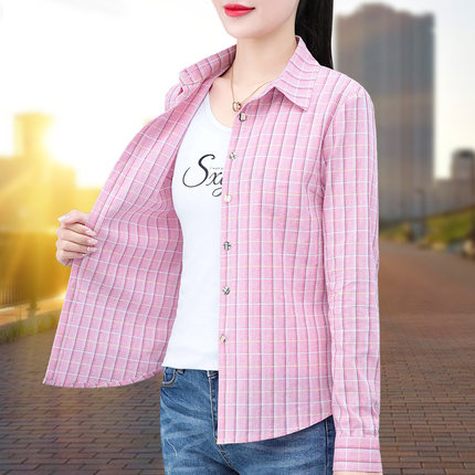 春秋新款韩版纯棉格子衬衫女长袖休闲宽松显瘦衬衣洋气百搭上衣潮