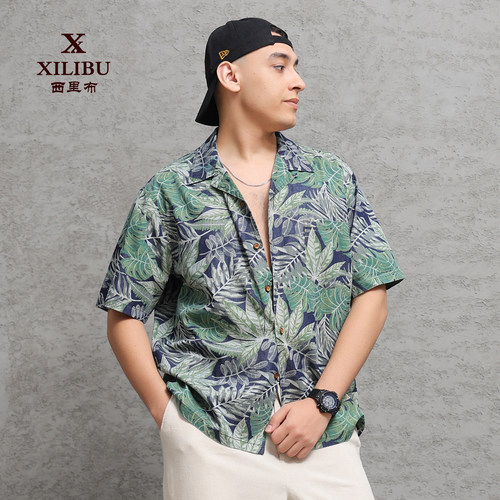 复古休闲印花古巴领短袖纯棉