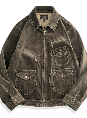 西里布咖色灯芯绒多袋复古工装夹克衫外套咔叽复古拔染做旧非rrl