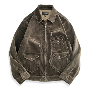 西里布咖色灯芯绒多袋复古工装 外套咔叽复古拔染做旧非rrl 夹克衫