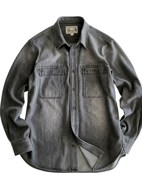 西里布美式复古黑灰色长袖牛仔衬衫男咔叽休闲重磅水洗磨白非rrl