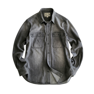 男咔叽休闲重磅水洗磨白非rrl 牛仔衬衫 西里布美式 复古黑灰色长袖