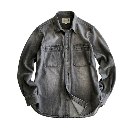 西里布美式复古水洗磨白牛仔衬衫