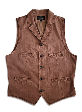 西里布全棉人字纹砖红色西服领马甲背心修身款美式咔叽复古非rrl