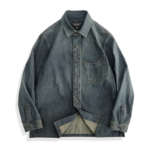 西里布复古牛仔衬衫长袖阿美咔叽