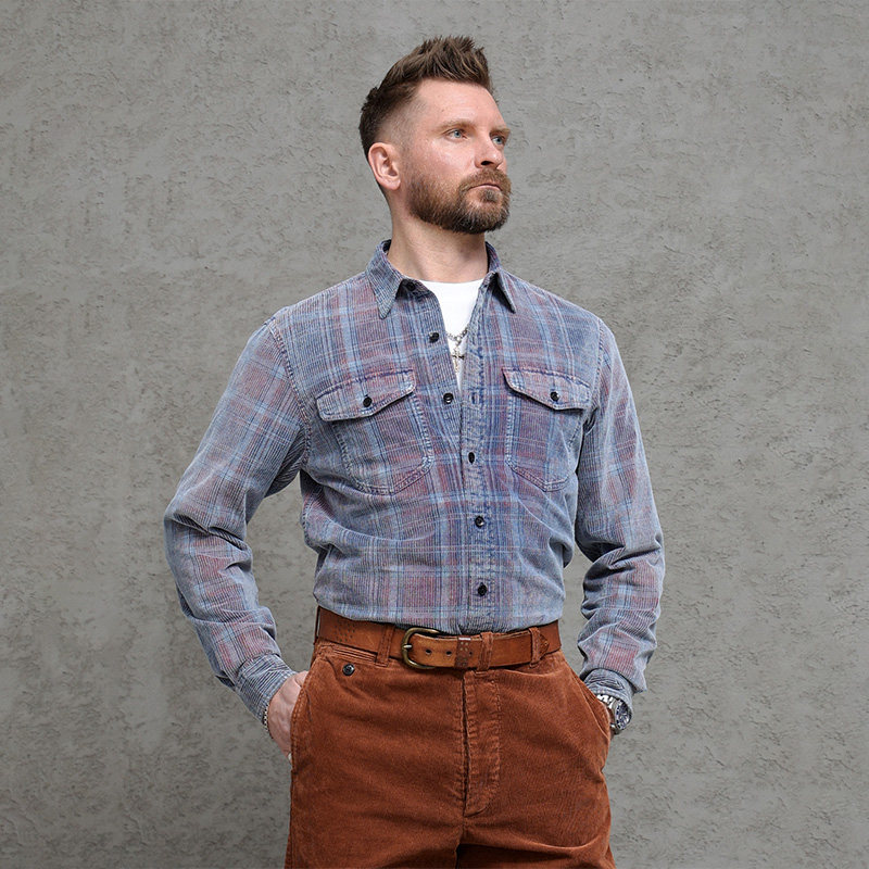 西里布美式复古灯芯绒做旧格纹衬衫男拔染磨白水洗薄款透气衬衫