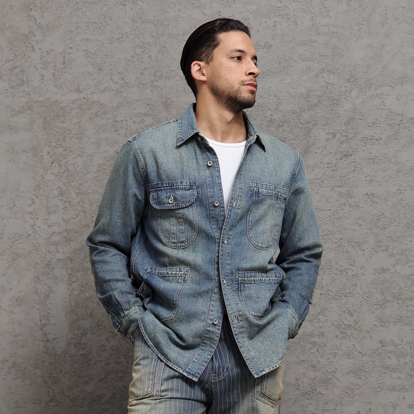 西里布复古棉麻牛仔工装夹克衬衫男水洗拔染做旧长袖休闲衬衣外套