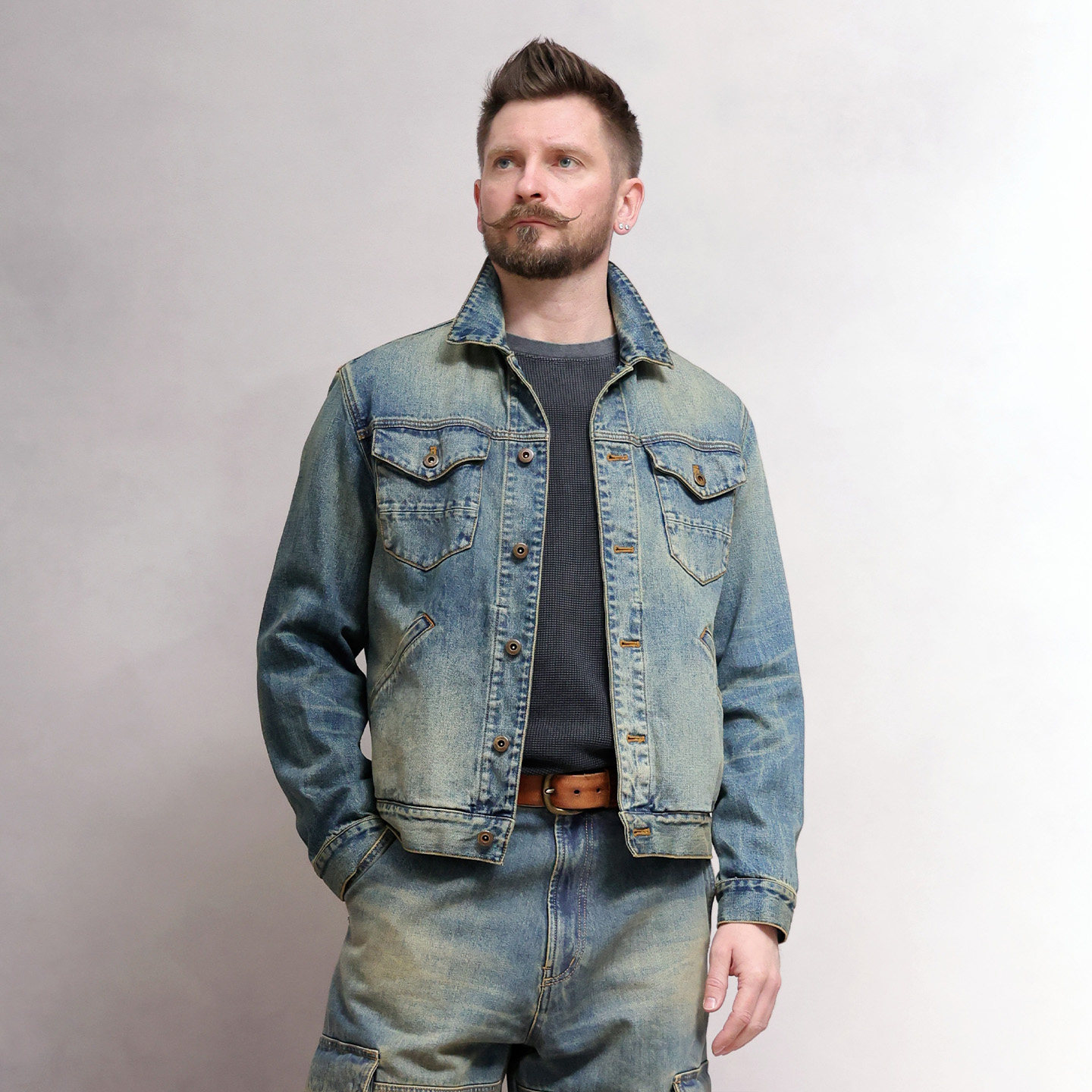 西里布日系复古洗水做旧牛仔R608工装夹克外套男阿美咔叽非rrl