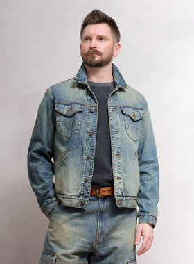 西里布日系复古洗水做旧牛仔R608工装夹克外套男阿美咔叽非rrl