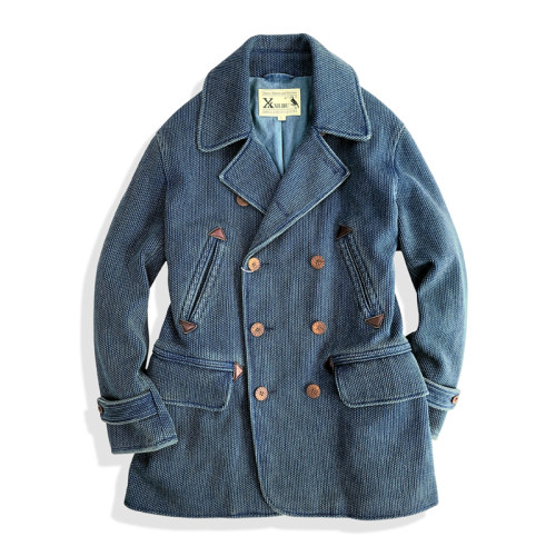 西里布蓝染复古双排扣西服大衣