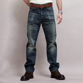 咔叽新品 西里布拔染做旧日系复古直筒牛仔长裤 男自然猫须休闲仔裤