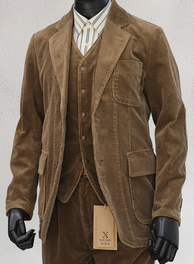 西里布美式复古全棉灯芯绒西服男咖色条绒休闲西装外套新款非rrl