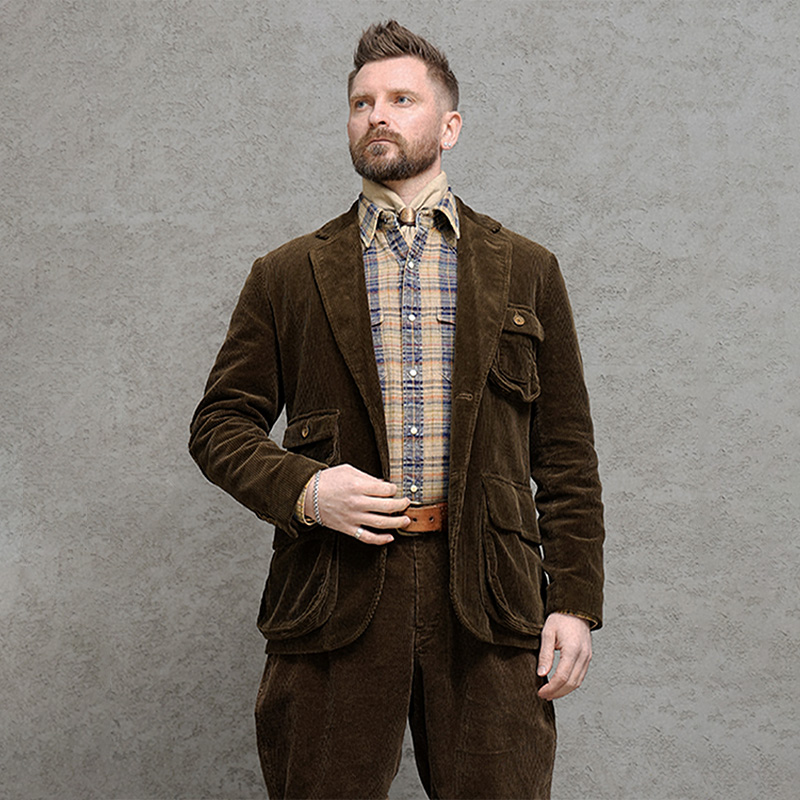 西里布美式复古灯芯绒猎装西服