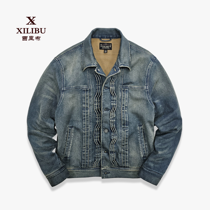 西里布咔叽复古坑条牛仔翻领夹克