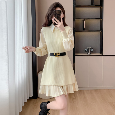 2025法式打底针织连衣裙冬季新款女装收腰赫本风气质款两件套