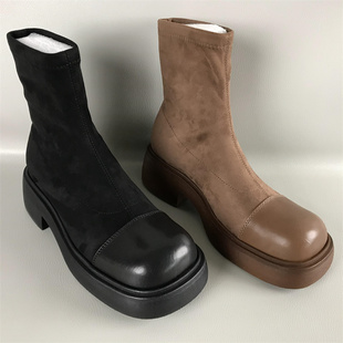 品牌女靴断码撤柜处理秋冬牛皮/布拼接百搭马丁靴弹力布复古袜靴