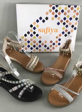 品牌Safiya索菲娅断码撤柜捡漏夏季一字扣水钻平底波西米亚凉鞋女