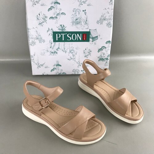 PT'SON/百田森女鞋撤柜夏季魔术贴轻便坡跟羊皮时尚露趾休闲凉鞋