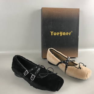 专柜品牌月芽儿女鞋断码撤柜春秋一脚蹬时尚温柔羊毛豆豆鞋毛毛鞋