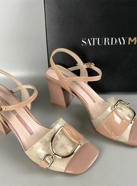 35.39码SATURDAYMODE瑕疵鞋清仓处理夏季一字扣带粗跟百搭凉鞋女