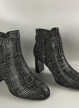 35.40码断码清仓撤柜处理春秋黑白格真皮时装靴粗跟百搭气质女靴