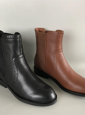 34.35码菲伯丽尔正品女靴清仓撤柜秋冬低跟牛皮时装靴英伦风短靴