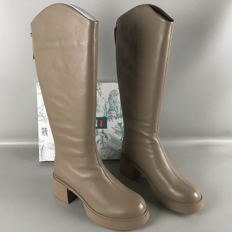 40码PT'SON百田森女靴断码撤柜冬季绒里粗跟真皮瘦瘦靴百搭长筒靴