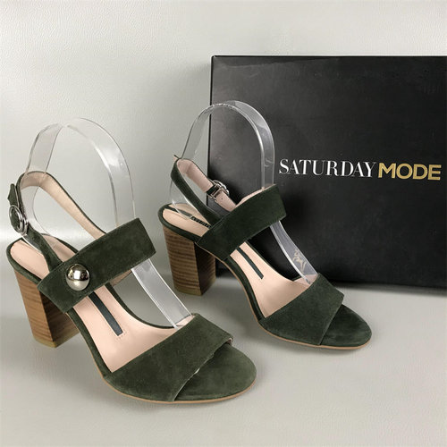 SATURDAYMODE粗跟简约羊皮革凉鞋