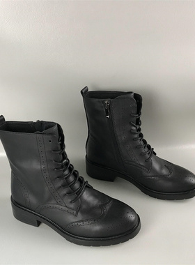 安玛莉正品女靴断码撤柜处理秋冬系带真皮马丁靴圆头低跟爆款短靴