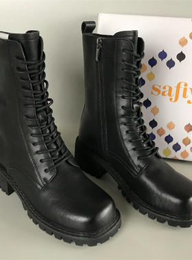 35码Safiya/索菲娅正品女靴撤柜秋冬粗跟防滑真皮黑色百搭马丁靴