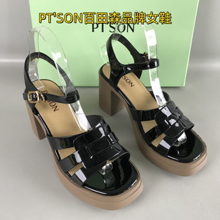 一字扣带镂空编织粗高跟罗马风凉鞋 撤柜夏季 断码 SON百田森女鞋