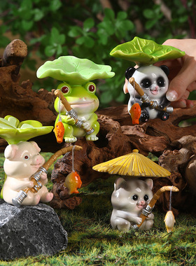 创意熊猫鱼池造景假山流水摆件