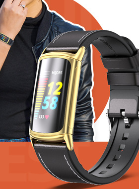 适用Fitbit Charge 6 5表带真皮牛皮小蛮腰腕带金属连接器替换带