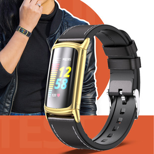 适用Fitbit Charge 6 5表带真皮牛皮小蛮腰腕带金属连接器替换带