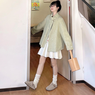 温柔韩系风绿色短款毛呢外套女立领双排扣小个子宽松百搭呢子大衣