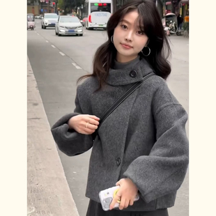 韩系学院风灰色短款毛呢外套女秋冬季保暖百搭小个子气质呢子大衣