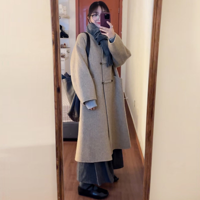 韩系立领小个子中长款毛呢外套女