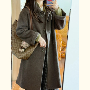 大衣 小个子中长款 高级感单排扣褐色翻领毛呢外套女秋冬新款 韩版