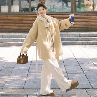 清仓~毛呢外套女冬季新款中长款系带宽松小个子慵懒风呢子大衣