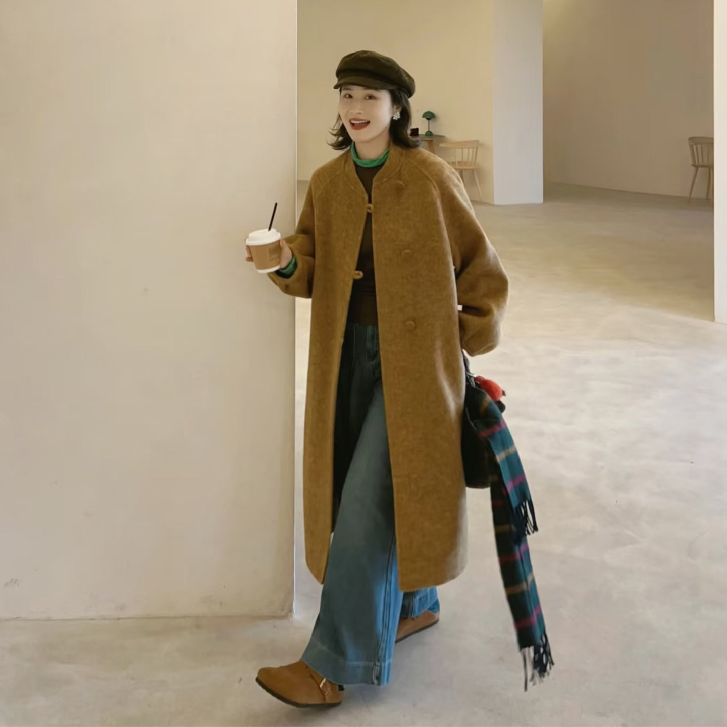 复古慵懒风秋叶黄立领毛呢外套女秋冬韩版中长款宽松显瘦呢子大衣