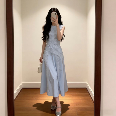法式清新蓝色蕾丝收腰显瘦长裙